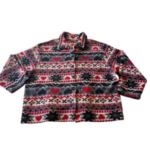 Vtg Y2K 2000s Fair Isle Heart Print Button Fleece Shacket Plus Size 2X